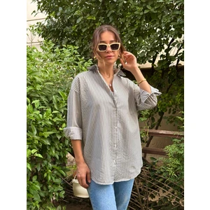 Matu Official Haki Renk Çizgili Oversize Uzun Kollu Kadın Gömlek (1 Ya Da 2 Beden Büyük Tercih Ediniz)