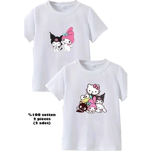 2li Kaliteli Pamuk Penye Kız Çocuk Baskılı Tshirt Tişört 5 6 7 8 9 10 11 12 13 14 Yaş Lilo Kuromi Hello