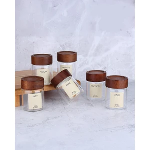 6'lı Akasya Kapaklı Cam Baharat Kavanozu Etiketli Baharat Seti 200ML