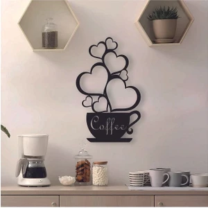 Siyah Ahşap Coffee Fincan Kalp Duvar Dekoru - Mutfak Konsepti Cafe Kahve Köşesi Için 30 x 15 cm  Tablo