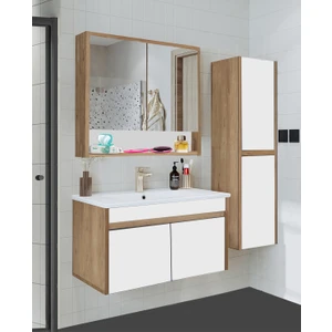 Serena Ea 80 cm Seramik Lavabolu Banyo Dolabı Seti, Boy Dolaplı, Mdf, 80+35 Cm, Hazır Kurulu