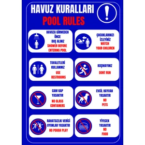 35 x 50 Havuz Kuralları Uyarı Levhası 3 mm Dekota  ( Forex )Üzerine Folyo Baskı