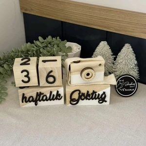 Baykuş Craft Mimarlık İsimli Renkli 3 Boyutlu Bebek Ahşap Hatıra Küpü Anı Küpü + Ahşap Fotoğraf Makinesi Seti / Türkçe