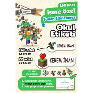Okul Etiketi Kalem Defter Isimli Etiket Isim Yazılabilen Minecraft - 190 Adet Özel Yeni Tasarım