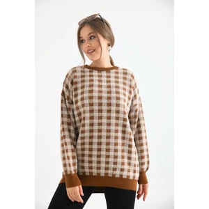 Women Kadın Kare Desen Bluz  Taba 21-6334