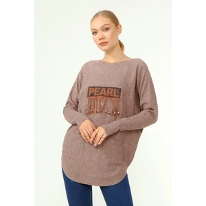 FTZ Women Kadın Ön İşlemeli Owersize Kazak Beige 21-1290