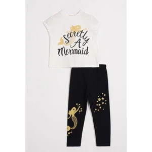Kısa Kol Yazı Baskılı Ekru Renk Kız Çocuk Taytlı Takım