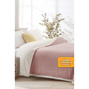 Sherpa Battaniye Çift Kişilik Çizgili Yumuşak Peluş Wellsoft Yatak Örtüsü Pudra