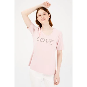 Desen Triko Kadın Sıfır Yaka Kısa Kol Love Yazılı Penye T-Shirt Pudra