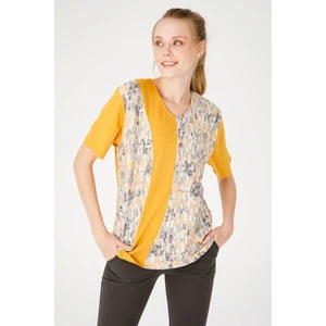 Desen Triko Kadın V Yaka Kısa Kol Çiçek Baskılı Penye Bluz K.bal