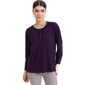 Mutlu City Yeni Sezon 2023 Kadın Orta Yaş ve Üzeri Uzun Kollu Yaka Desenli Likralı Anne Penye Bluz 6390