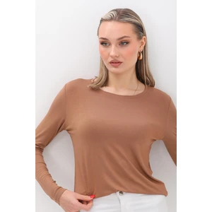 Penye Bizden Kadın Zarif İnce Gösteren Viskon Tişört -Koyu Vizon