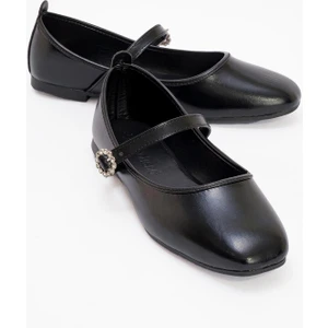 Kadın Kemerli Taşlı Küt Burunlu Babet SİYAH KIRIŞIK