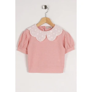 Bebe Yaka Kısa Kol Bebe Yaka Dantellı Mını Karelı Pudra Renk Kız Çocuk Tshirt