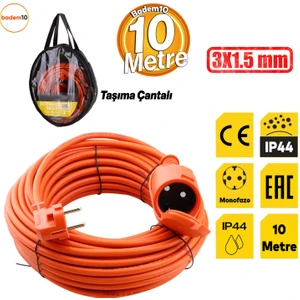 CCA Uzatma Kablosu 3x1.5 mm 10 Metre Kablolu Tekli Grup Fiş Priz Topraklı Kapaklı Monofaze Ev Tipi