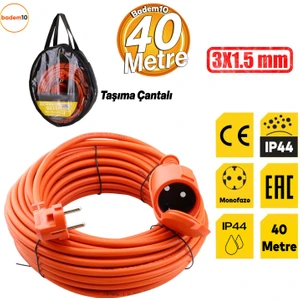 Uzatma Kablosu 3x1.5 mm 40 Metre Kapaklı Monofaze Ev Tipi Topraklı CCA Kablolu Tekli Grup Fiş Priz