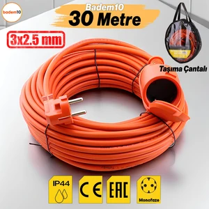 Uzatma Kablosu 30 Metre 3x2.5 mm Ev Tipi Topraklı CCA Kablolu Tekli Grup Fiş Priz Kapaklı Monofaze
