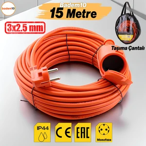 Uzatma Kablosu 15 Metre 3x2.5 mm Ev Tipi Topraklı CCA Kablolu Tekli Grup Fiş Priz Kapaklı Monofaze