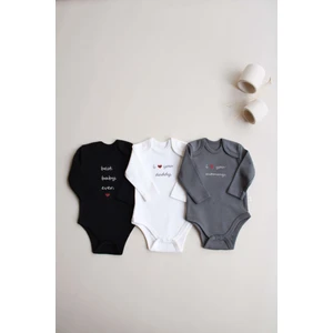 3lü Nakışlı Çıt Çıtlı Uzun Kollu Body Zıbın Set Model 7