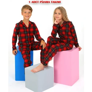 Kız / Erkek Çocuk Uzun Kollu Düğmeli Pamuklu Yeni Yıl Pijama Takımı