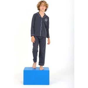 Erkek Çocuk Uzun Kollu Pijama Takımı Düğmeli Düz Vip Antrasit