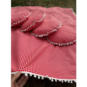 Zeren Home Ponponlu Sıvı Geçirmez Keten Masa Piknik Örtüsü 170 x 170 , 4 Yuvarlak Minder