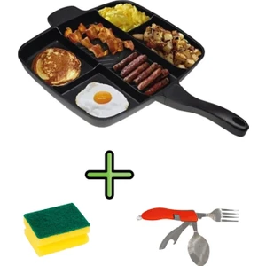 5 Gözlü Granit Döküm Tava 5 Bölmeli Kamp Tavası + Bulaşık Süngeri + Kamp Çatal Kaşık Bıçak Seti