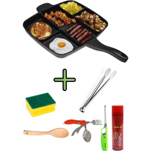 5 Gözlü Granit Döküm Tava + Bulaşık Süngeri + Maşa+ Kaşık + Çakmak + Gaz + Çatal Kaşık Bıçak Seti