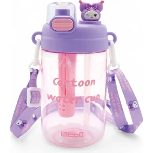 Kuromi Çizgifilm Karakterli Çocuk Suluğu - Askılı Çift Kapaklı Kuromi Figürlü Pipetli Matara 750ML