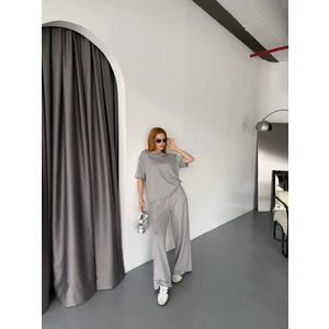 TKM-1114 Boyama Gri Oysh Kumaş Kısa Kollu Bluz Havuç Model Çimalı Alt Ikili Takım