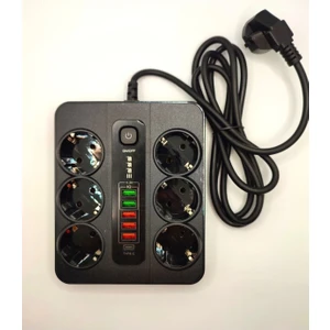 Akım Korumalı 6'lı Grup Priz, 5'li USB Şarj,1 Adet Type-C Şarj Girişi, 2 M KABLO,3000W (Siyah)