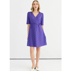 Kruvaze Yaka Desenli Mor Standart Kadın Elbise 25YSL7624