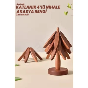 (Ceviz Rengi) 4'lü Standlı Ahşap Nihale - Bambu Nihale - Pratik Katlanır Nihale Bambu Bardak Altlığı