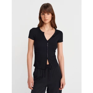 31838 Düğmeli Kısa Kollu Top-Siyah