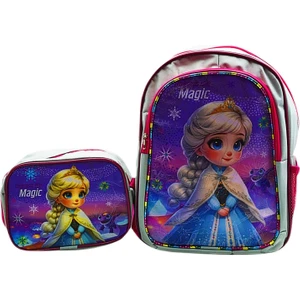 2 Bölmeli Elsa Okul Sırt Çantası ve Beslenme Çantası Gri KOD:1308