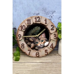 Sessiz Yuvarlak Ahşap Duvar Saati, Kuvars Hareketli 2d Kedi Desen 2d Ahşap Kutulu SDW007