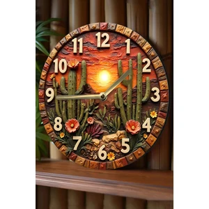 Sessiz Yuvarlak Ahşap Duvar Saati, Kuvars Hareketli 2d Kedi Desen 2d Ahşap Kutulu SDW010