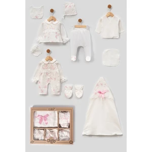 Müslin Çiçekli Kız Bebek Yenidoğan %100 Pamuktan 10 Parça Hastane Çıkışı Zıbın Seti