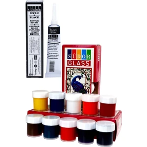 Cam Boyası 10 Renk 20 ml ve Siyah Kontur Boyası 1 Paket Cam Vitray Boyama Seti Südor