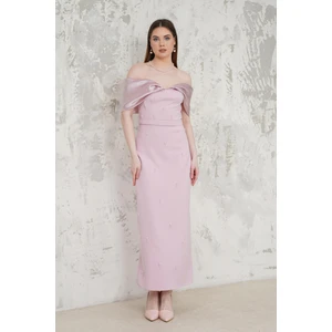 Taş Işlemeli Straplez Pudra Abiye Elbise