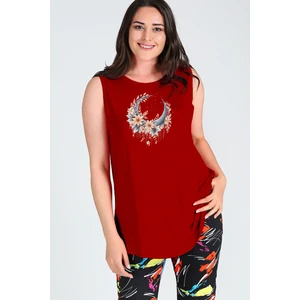 Büyük Beden Boho Hilal Baskılı Kolsuz Viskon Basic Bluz