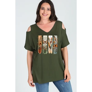 Büyük Beden Bohem Kelebek Baskılı Omuzu V Pencere Kısa Kol Bluz