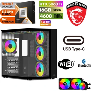 Gaming Pc Ddr5 – Rtx 5060Tİ 16 GB – Ryzen 7 9800X3D  – 32GB  - 64GB Ddr5 Ram – 1 Tb M.2 SSD – Sıvı Sogutmalı -  Windows 11 Pro – Masaüstü Bilgisayar