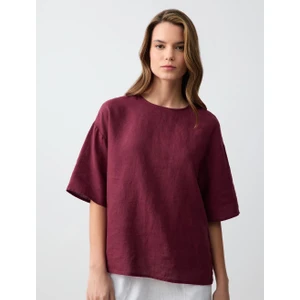 Jimmy Key Bordo Rahat Kesim Kısa Kollu Bisiklet Yaka Keten Bluz