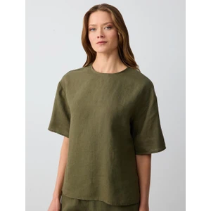 Jimmy Key Haki Rahat Kesim Kısa Kollu Bisiklet Yaka Keten Bluz