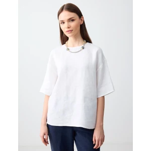 Jimmy Key Beyaz Rahat Kesim Kısa Kollu Bisiklet Yaka Keten Bluz