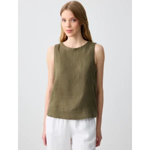 Jimmy Key Haki Yuvarlak Yaka Kolsuz Dokuma Keten Bluz