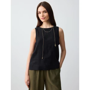 Jimmy Key Siyah Yuvarlak Yaka Kolsuz Dokuma Keten Bluz