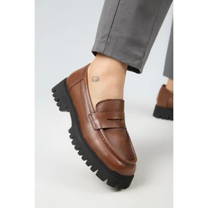 Cepmen Kadın Deri Köşeli  Hakiki Deri Loafer Taba Ayakkabı
