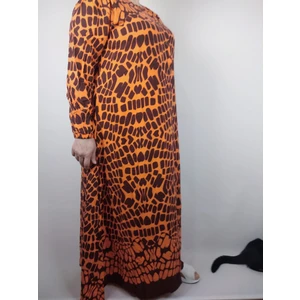 Kadın Turuncu Bisiklet Yaka Uzun Kollu Kol Bilek Lastikli Yazlık Viskon Uzun Anne Elbise 2 cm Suya Çeker